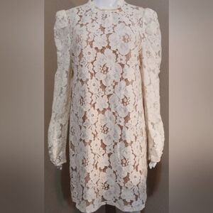 Wayf Cream Floral Lace Long Sleeve Mini Dress